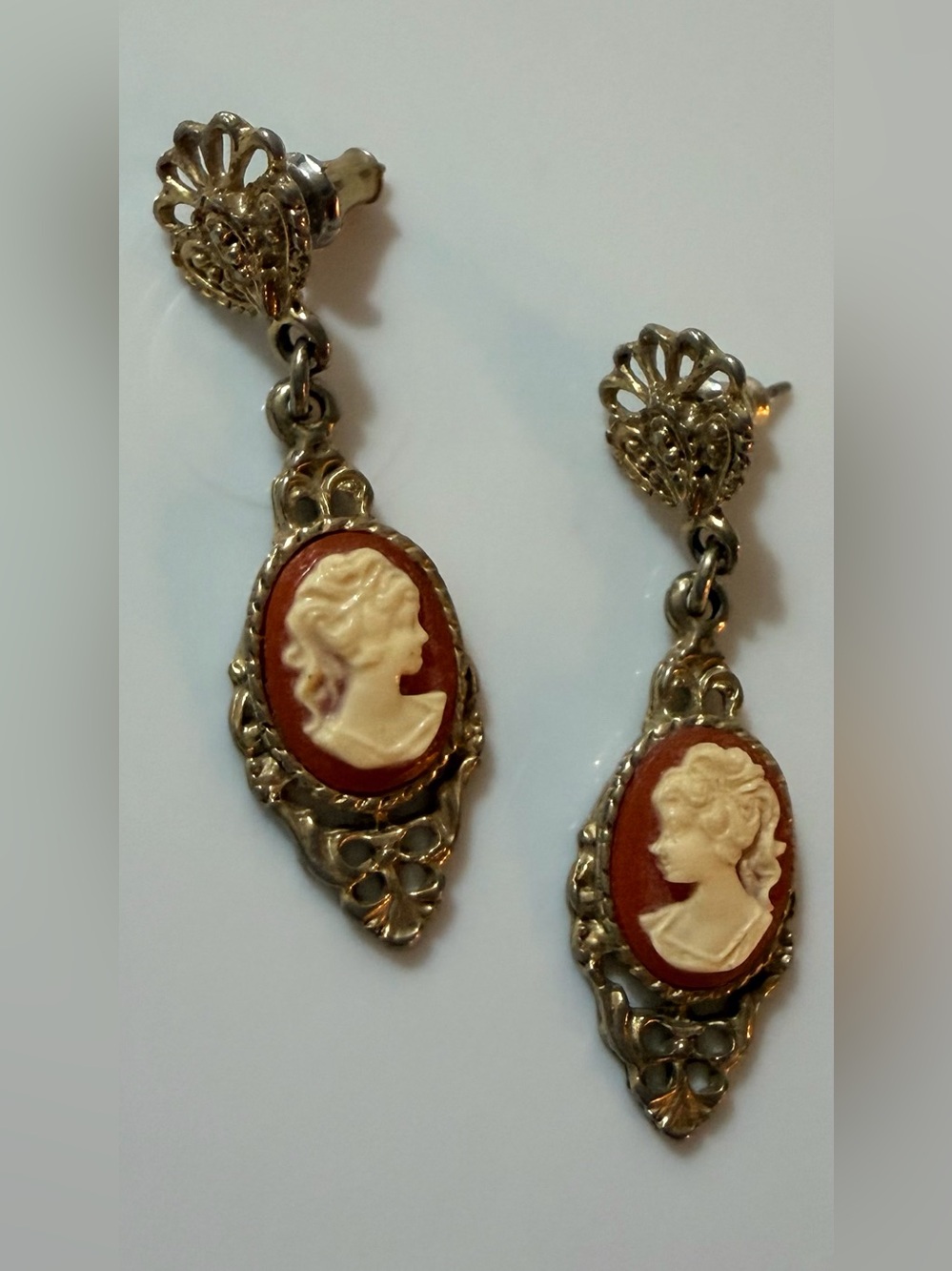 Vintage Gold Cameo Drop Earrings in Cream and Brown